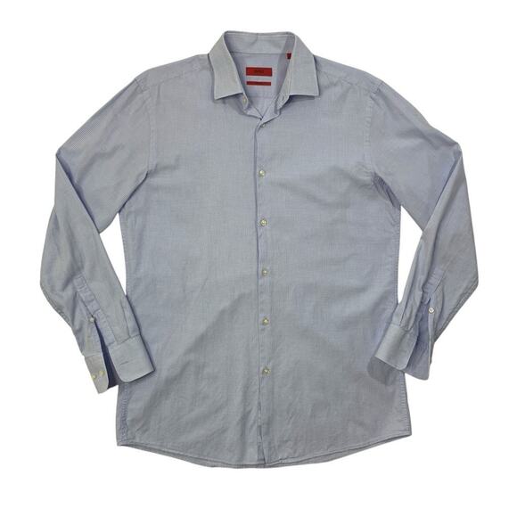 Hugo Boss Shirt Mens 15.5 Periwinkle White Shaped Fit Micro Check Long Sleeve - Picture 1 of 14